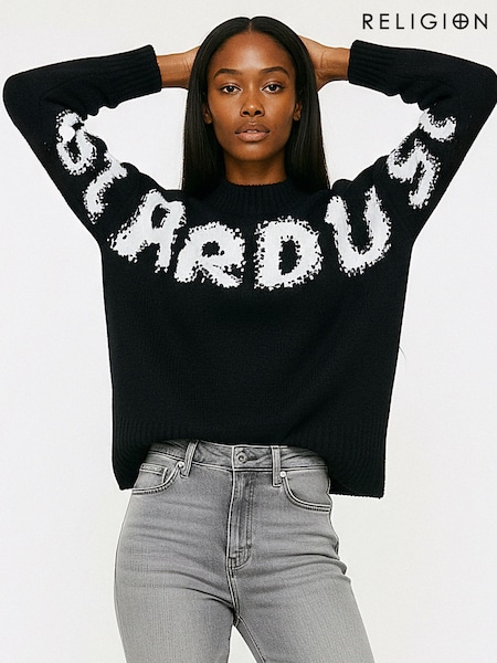 Religion Black Cute Fit Stardust In Soft Wool Mix Yarn With Large Slogan Jumper (G18919) | £85
