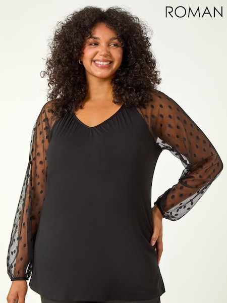 Roman Black Curve Mesh Spot Sleeve Tunic Top (G19192) | £40