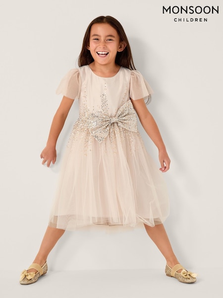Monsoon Gold Samara Sequin Waterfall Bow Dress (G19227) | £65 - £75