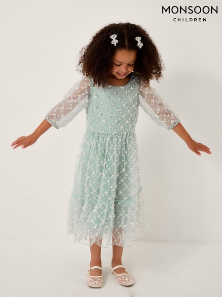 Monsoon Green Gracie Embellished Long Sleeve Dress (G19228) | £65 - £75
