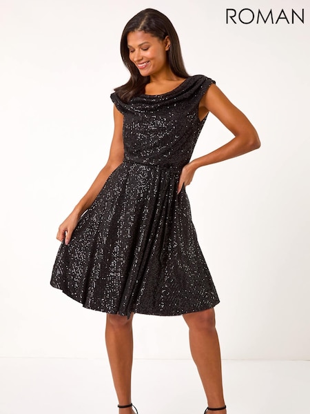Roman Black Sequin Cowl Neck Stretch Dress (G19289) | £78