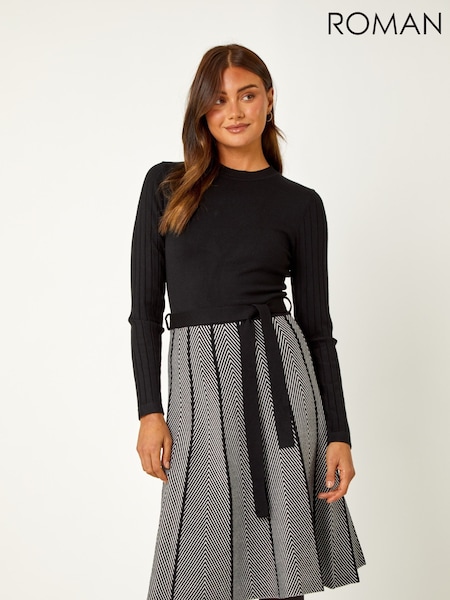 Roman Black Chevron Print Belted Midi Dress (G19300) | £60