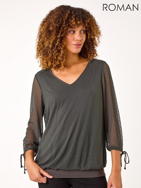 Roman Green Burnout Print V-Neck Overlay Mesh Blouse (G19312) | £42