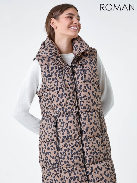 Roman Brown Animal Print Longline Hooded Gilet (G19366) | £68