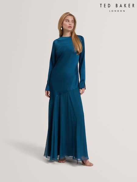 Ted Baker Blue SHKYE - Long Sleeve Diagonal Waist Seam Maxi Dress (G19660) | £279