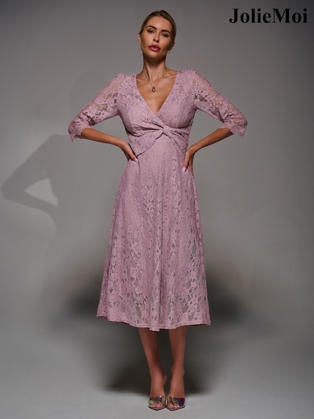 Jolie Moi Pink Lace Detail Long Sleeve Midi Dress (G19705) | £72