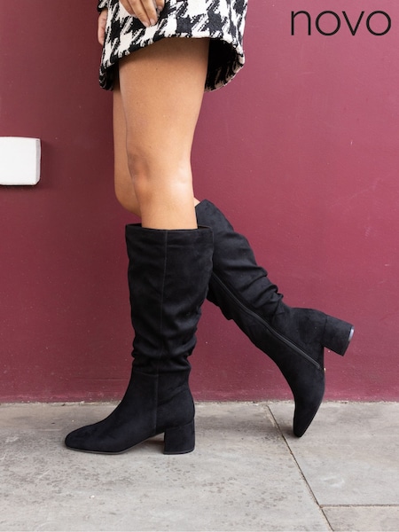 Novo Black Wide Fit GERI Block Heel Square Toe Ruched Knee Boot (G19732) | £56