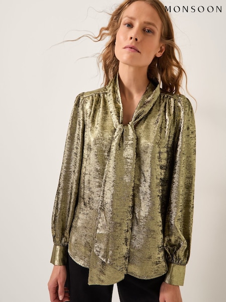 Monsoon Gold Milena Metallic Tie Neck Blouse (G19785) | £75