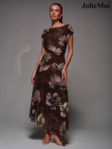 Jolie Moi Light Brown Mesh Asymmetrical Draped Maxi Dress (G19899) | £75
