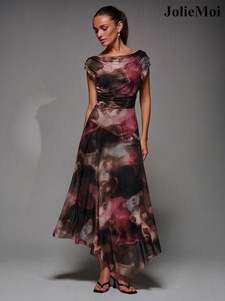 Jolie Moi Brown Mesh Asymmetrical Draped Maxi Dress (G19900) | £75