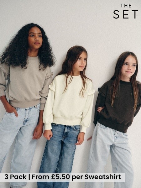 Chocolate Brown/Mid Brown/Cream - The Set 3 Pack Frill Sleeve Crew Sweatshirts