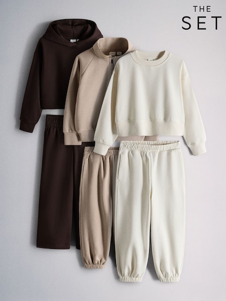 Chocolate Brown/Mid Brown/Cream - The Set Hoody Collared Button Sweatshirt Crew Wide Leg And Balloon Leg Joggers 6 Piece Set