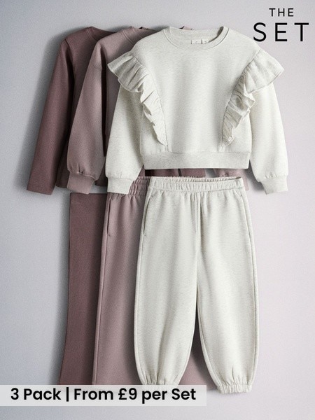 Purple/Lilac/Grey Marl - The Set 6 Piece Frill Crew Neck Long Sleeve Peplum Rib Flare Balloon Leg And Wide Leg T-shirt And Joggers Set