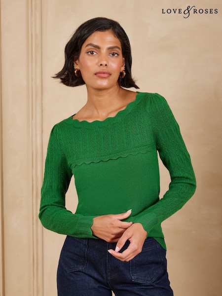 Green - Love & Roses Scalloped Slash Neck Long Sleeve Knitted Top