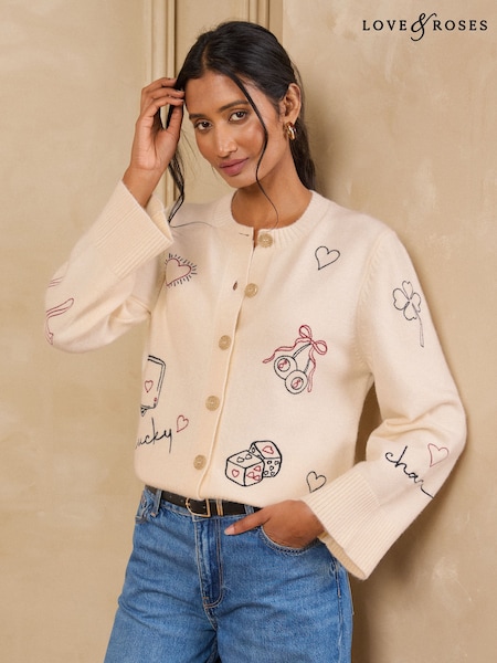 Ivory - Love & Roses Crew Neck Embroidered Detail Knitted Cardigan