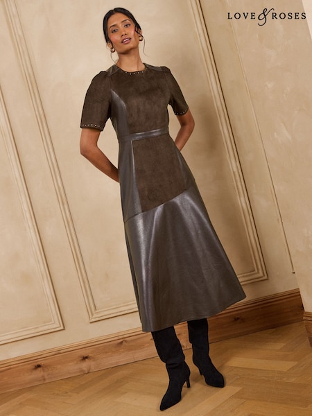 Chocolate Brown - Love & Roses Suede Faux Leather Stud Mix Midi Dress