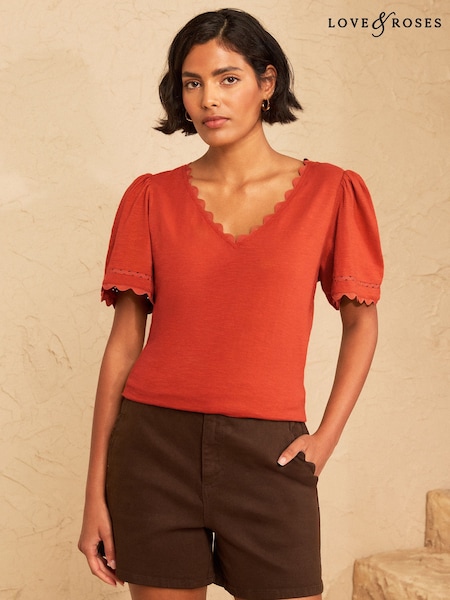 Bright Orange - Love & Roses V-neck T-shirt