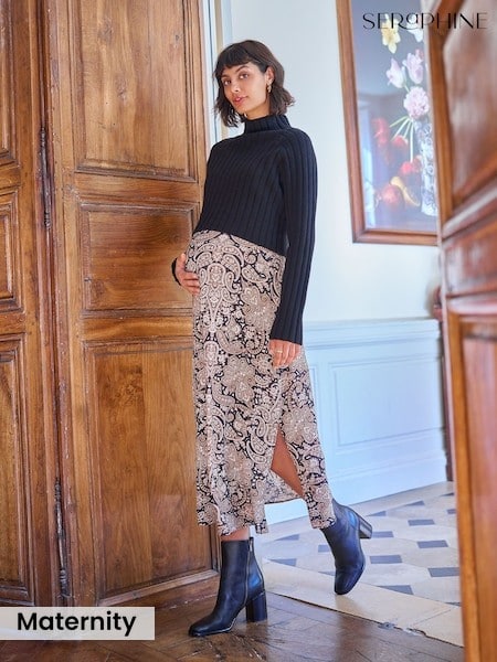 Black Print - Seraphine Premium Turtle Neck Midi Maternity Nursing Jumper Dress