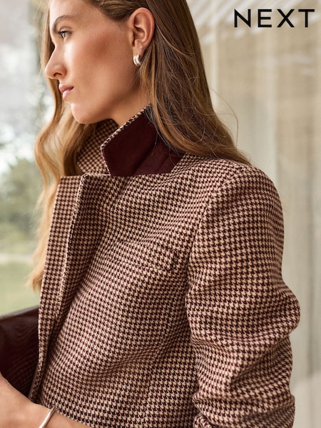 Burgundy Dogtooth - Single Breasted Blazer With Wool