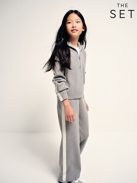 Grey/Cream - The Set Knitted Long Sleeve Quarter Zip Top And Wide Leg Joggers Co-ord Set