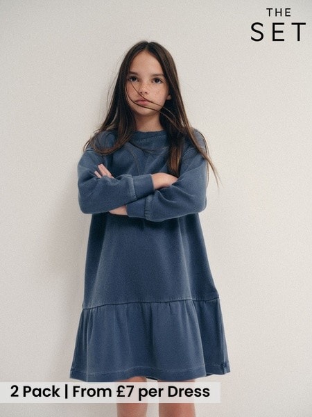 Blue/Chocolate Brown - The Set Long Sleeve Washed Heavyweight Jersey Dresses 2 Pack