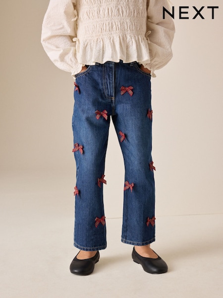 Denim/ Red Tartan Bows - Mom Jeans (3-16yrs)