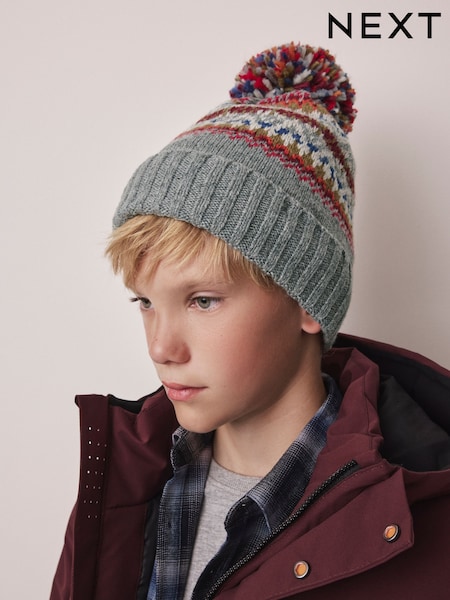 Grey Fairisle - Embroidered Pom Beanie (3mths-16yrs)