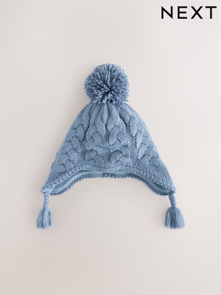 Blue - Cable Pom Knitted Trapper Hat (3mths-10yrs)