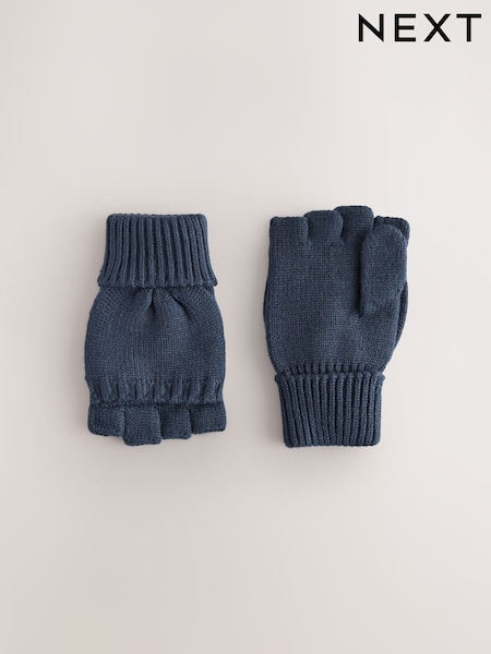 Navy - Knitted Flip Mitten Gloves (3-16yrs)