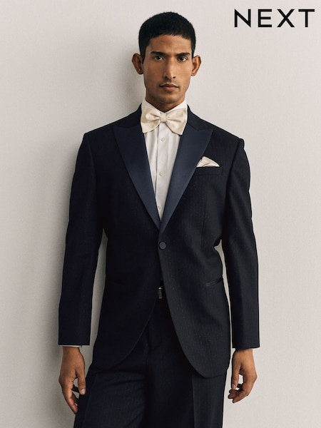 Navy - Regular Loose Fit Sparkle Lurex Striped Shawl Tuxedo Suit Jacket