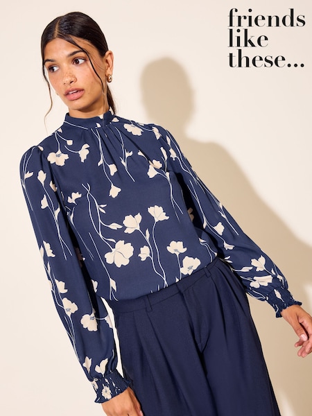 Navy Stem Print - Friends Like These High Neck Shirred Cuff Blouse