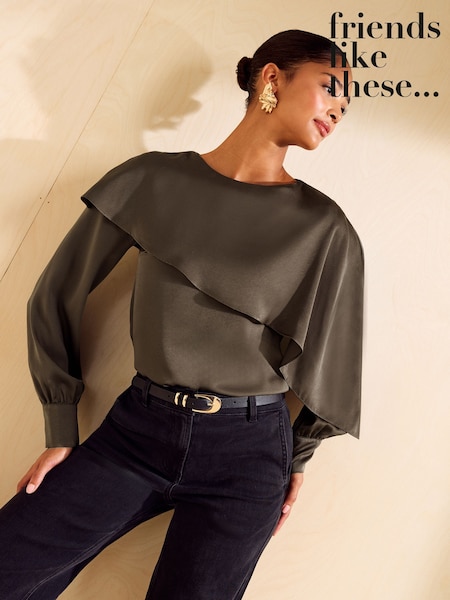 Chocolate Brown - Friends Like These Long Sleeve Satin Cape Detail Blouse