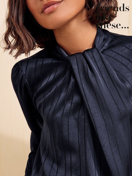 Navy - Friends Like These Satin Twist Neck Long Sleeve Blouse