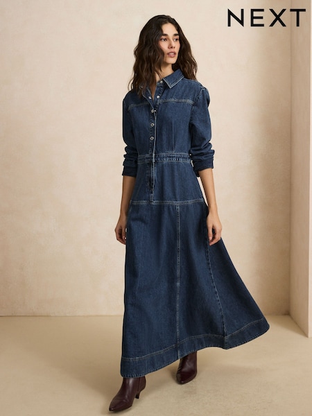 Dark Blue - Long Sleeve Midi Denim Shirt Dress