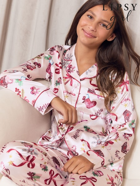 Pink - Lipsy Christmas Satin Long Leg Pyjamas (5-16yrs)