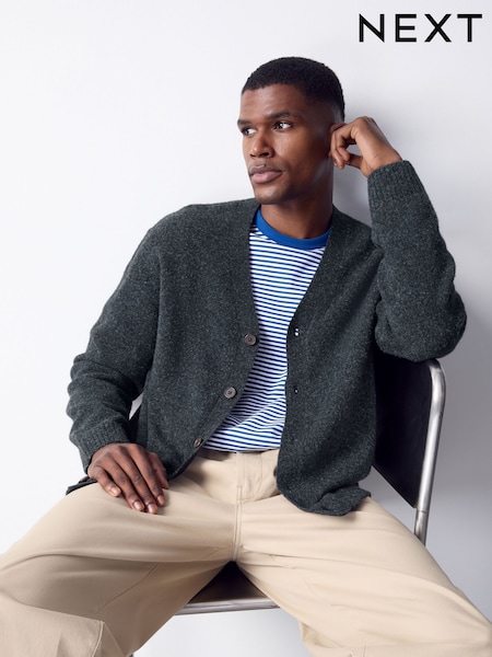 Charcoal Grey - Regular Relaxed Fit Cosy Cardigan With Wool