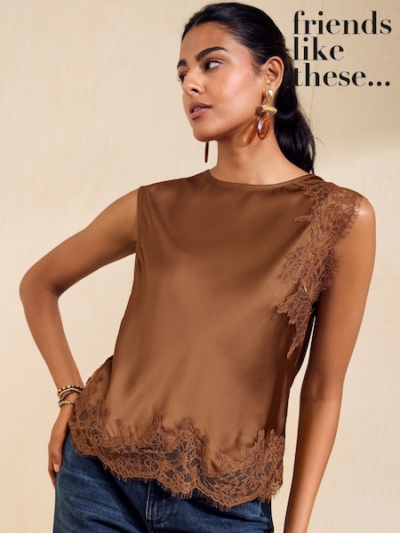Caramel - Friends Like These Premium Satin Lace Sleeve Top