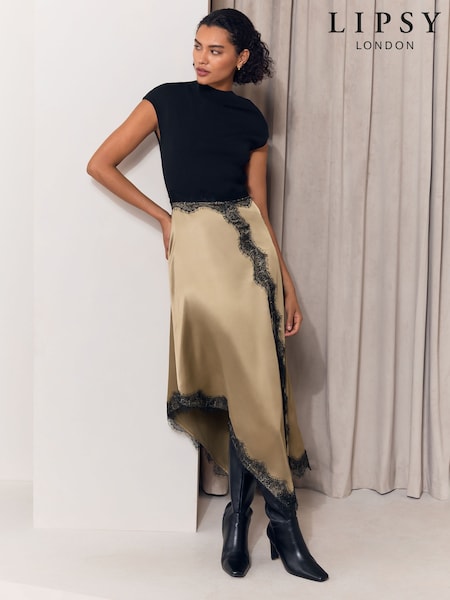 Green/Black - Lipsy Lace Asymetric Satin Knitted Midi Dress