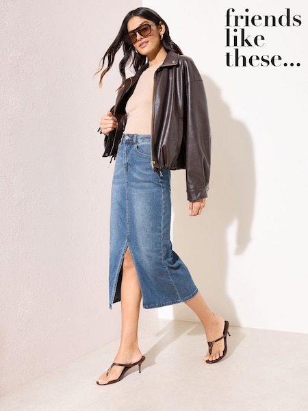 Mid Blue - Friends Like These Split Front Denim Midi Skirt