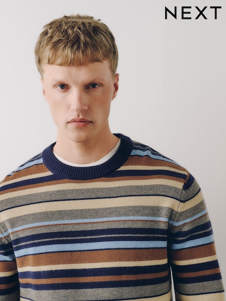 Blue/Brown Stripe - Regular Cosy Crew Neck Jumper With Wool