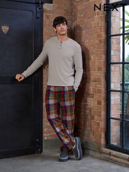 Neutral Henley - Regular Cosy Check Long Sleeve Jersey Pyjamas Set