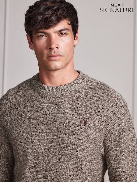Neutral - Regular Signature Twisted Lambswool Stag Logo Crew Neck Jumper