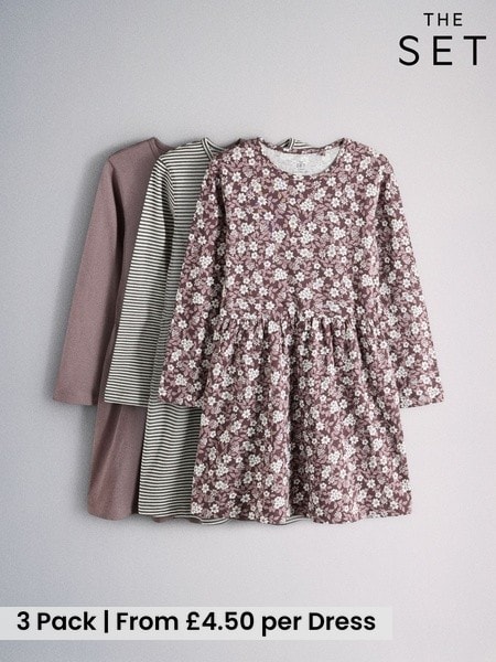 Purple Print/Stripe - The Set 3 Pack Long Sleeve Jersey Skater Dress