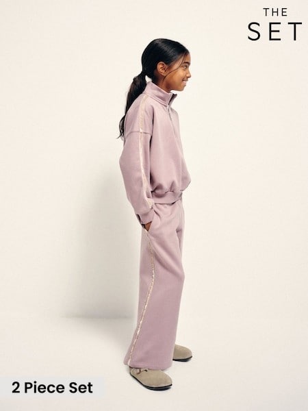 Lilac Purple - The Set Side Stripe Zip Neck Sweat Top And Wide Leg Joggers Set
