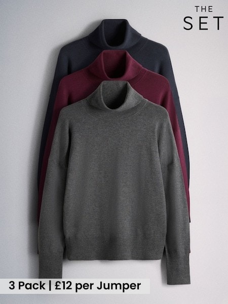 Navy Blue/Charcoal Grey/Burgundy Red - The Set 3 Pack Fine Knit Roll Neck Jumpers