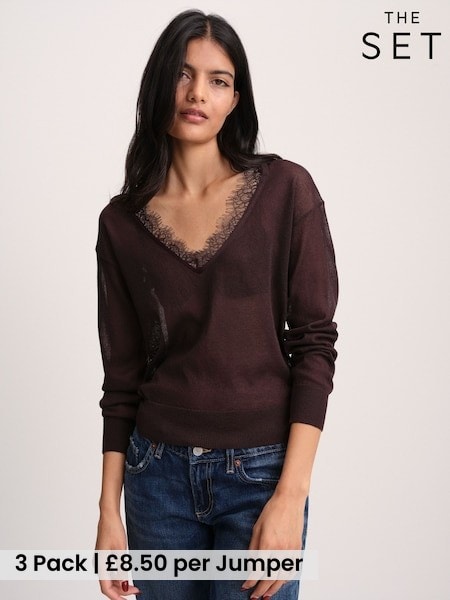 Black/Chocolate Brown - The Set V-neck Sheer Jumper With Lace Trim
