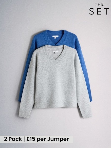 Light Grey Marl Nouvean/Navy - The Set 2 Pack V-neck Jumpers With Wool