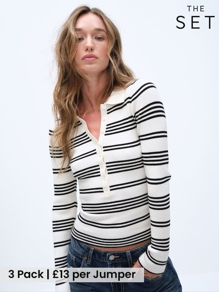 Cream Stripe/ Dark Navy / Claret Marl - The Set 3 Pack Long Sleeve Button Down Jumper