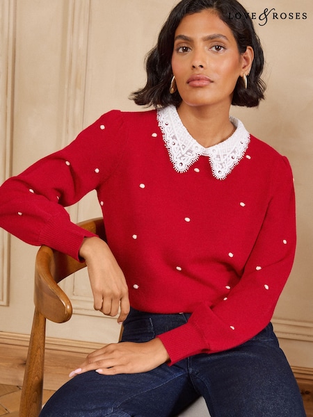 Red - Love & Roses Lace Collared Polka Dot Detail Knitted Jumper