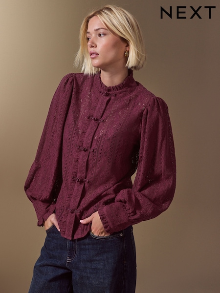 Wine - Long Sleeved Lace Fastening Blouse